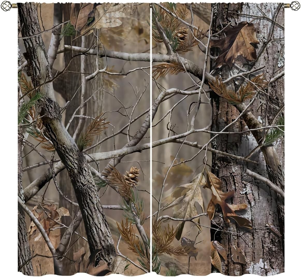 Camo Tree Blackout Curtains for Home Decor,Realistic Forest Camouflage Rod