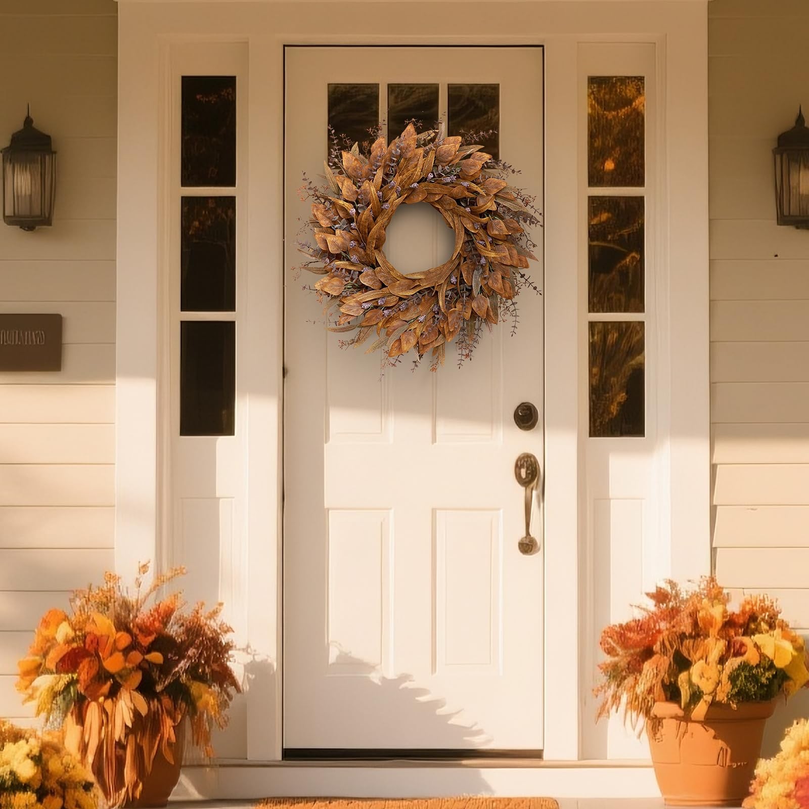 26” Eucalyptus Wreath for Front Door – Autumn Large Artificial 26 IN, Orange