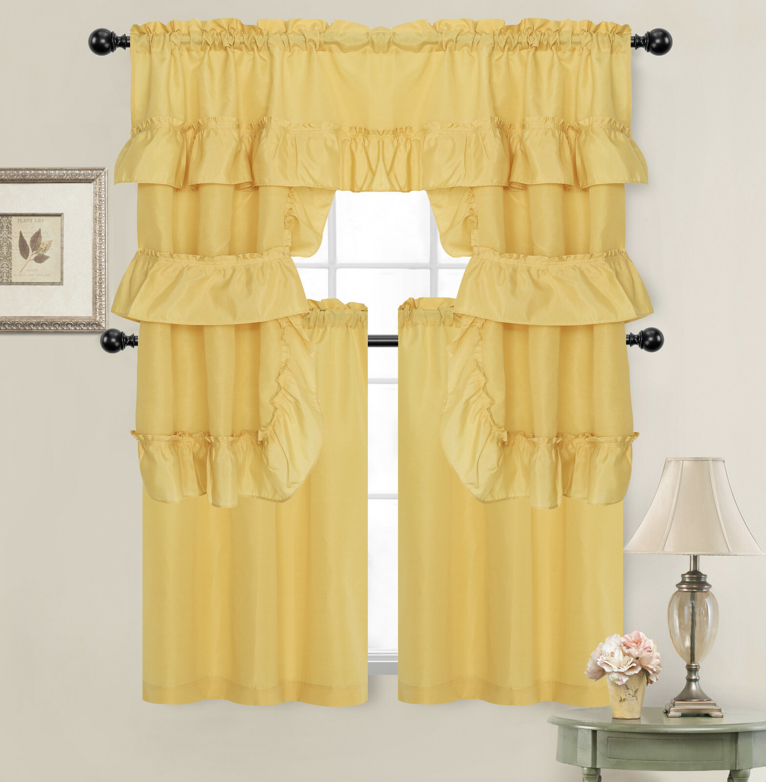 Country Farmhouse Solid Colored Kitchen Curtain Tier/Swag Set – Assorted Colors