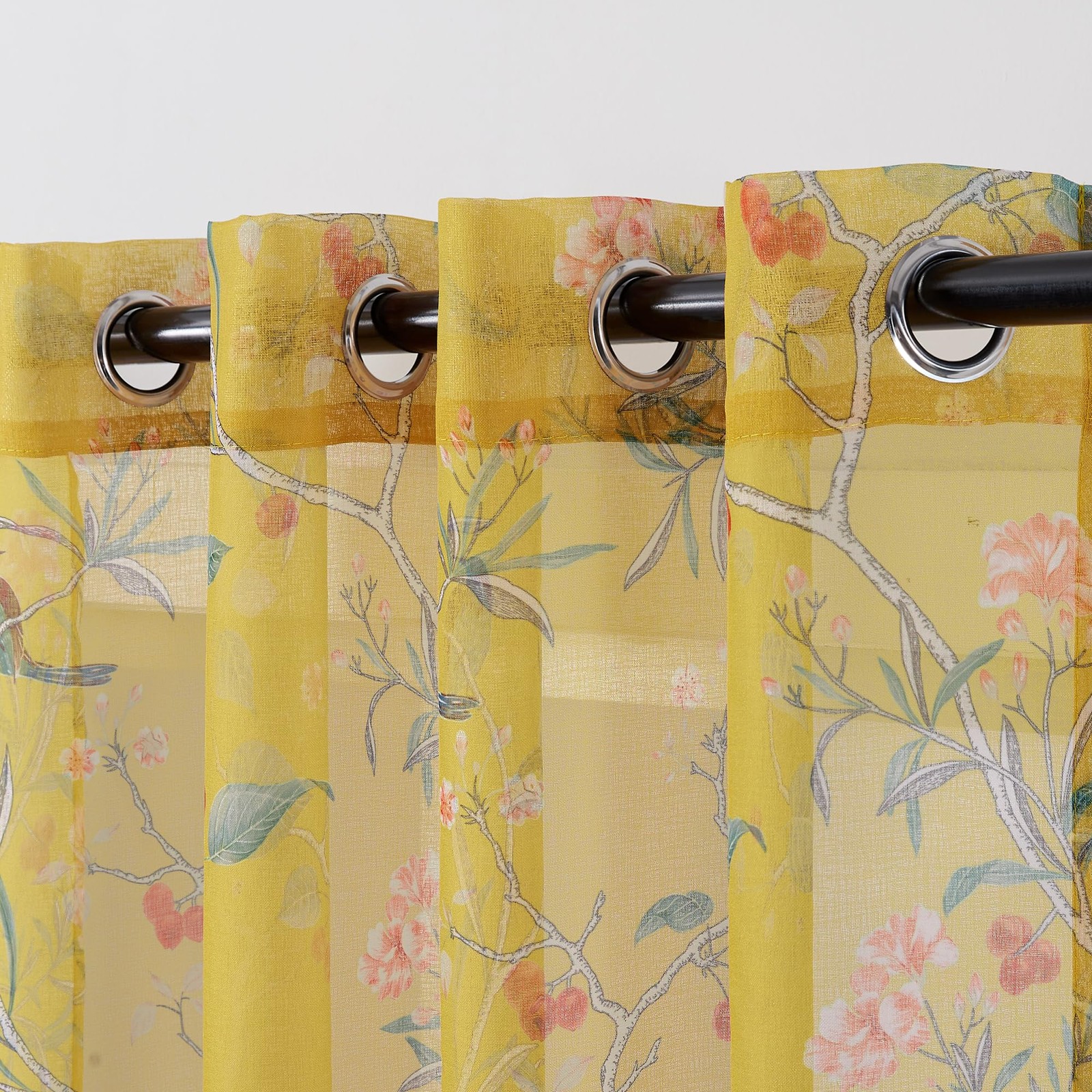 XTMYI Mustard Yellow Floral Sheer Curtains, 52″W x 84″L (Pack of 2),