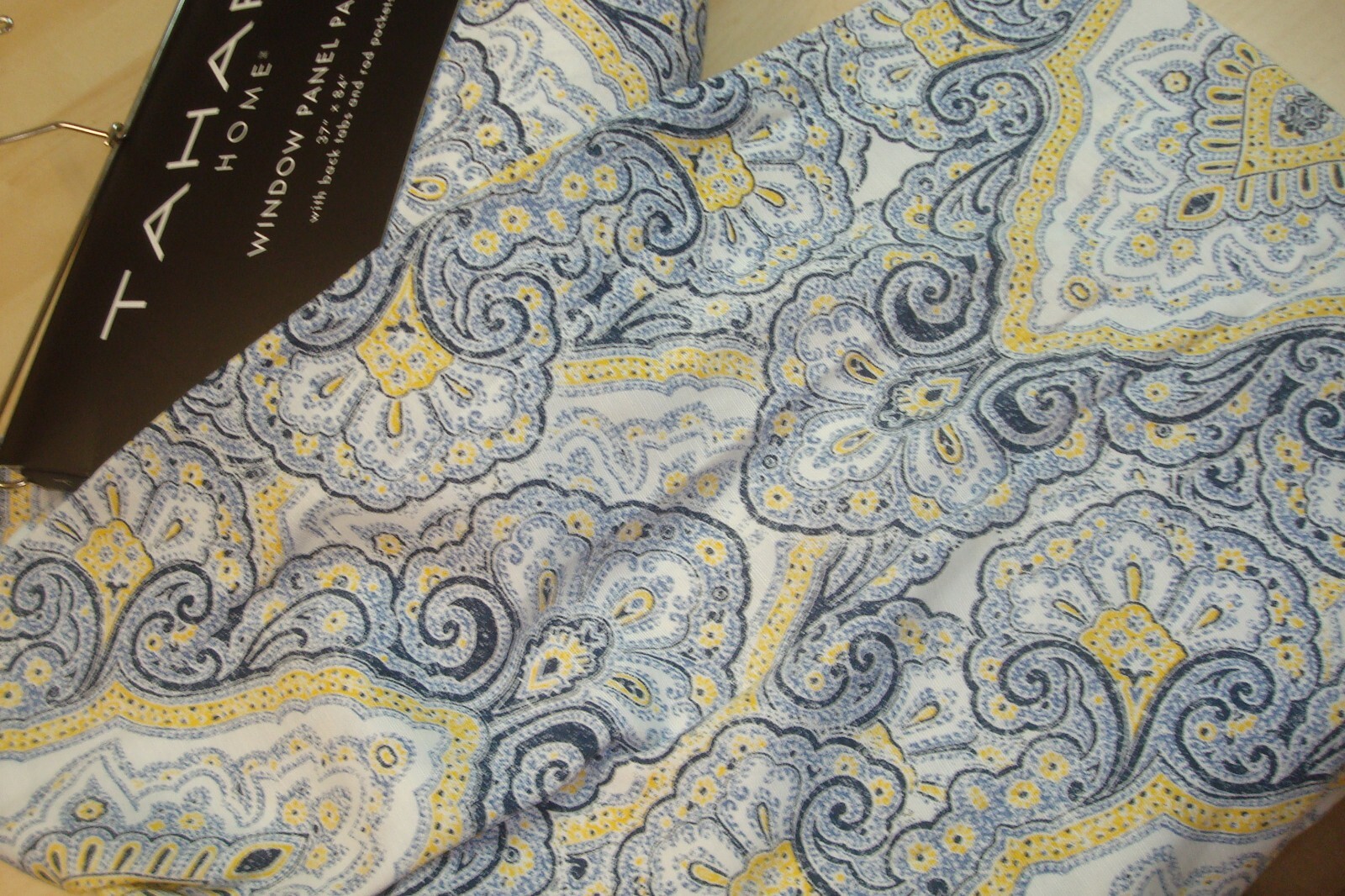 NWT 2 pc Tahari Window Panel Curtains Rod Pocket Paisley Blue Yellow 37″x 84″ lg
