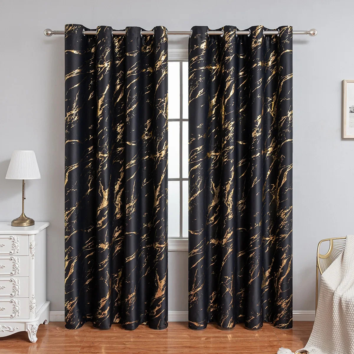 Luxury Marble Pattern Curtain 1 Panel with Gold Foil Design for Living Room