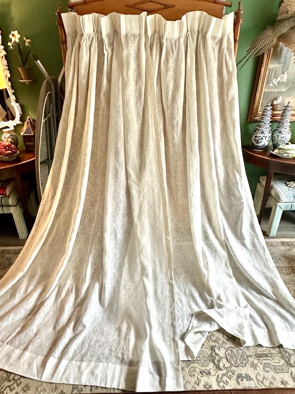98″ L THIBAUT *SHEER* IVORY LINEN DIAMOND PLEATED DRAPERY PAIR $2500 RETAIL