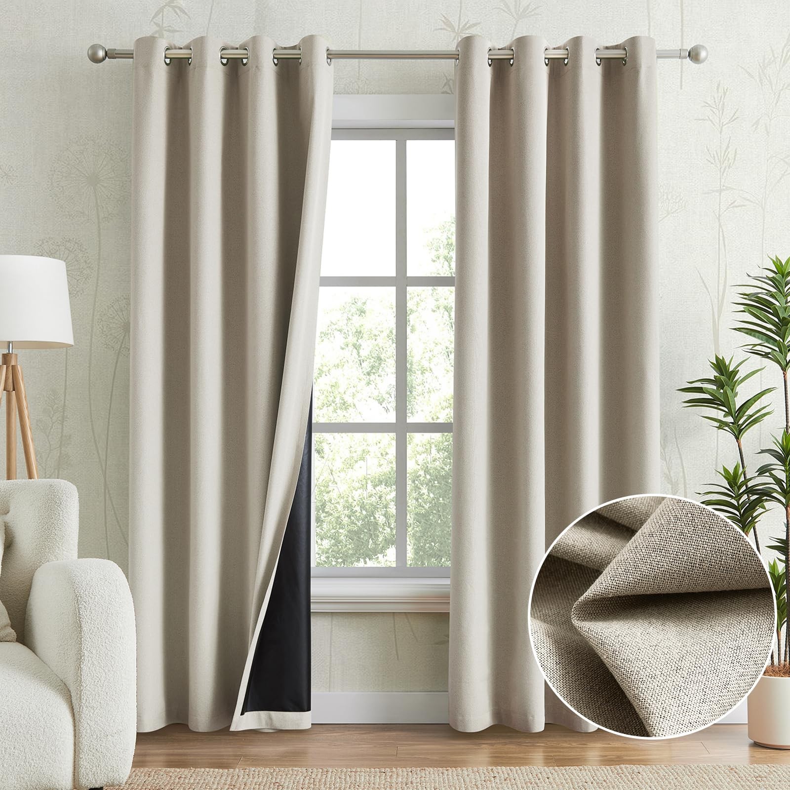 Anpark Natural Beige 100 Blackout Curtains For Bedroom Thermal Insulated Linen