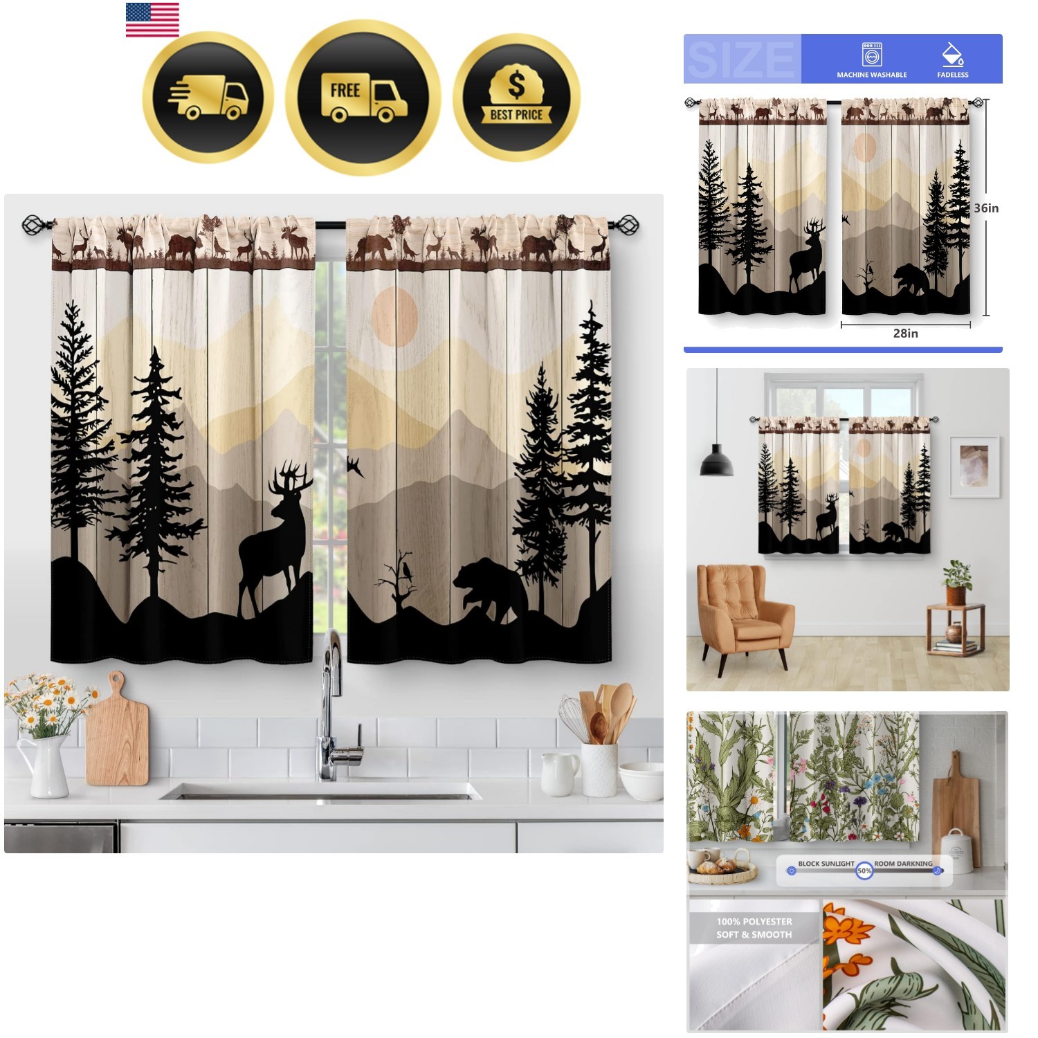 Kitchen Curtains – Forest Sunset Country Rustic Farmhouse Short Cafe Tier Cur…
