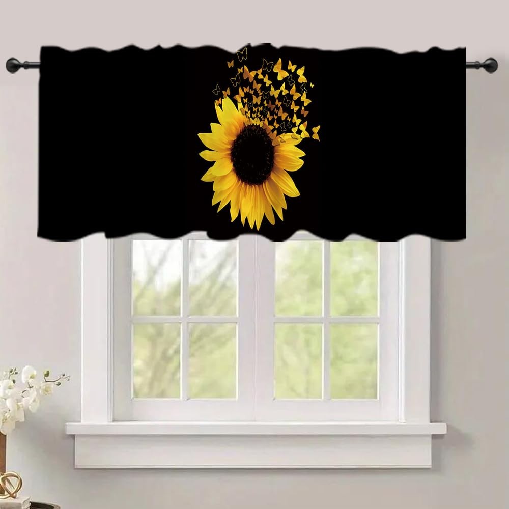 54×18 Inches Black Yellow Sunflower Window Treatment Valance Butterfly Flower…