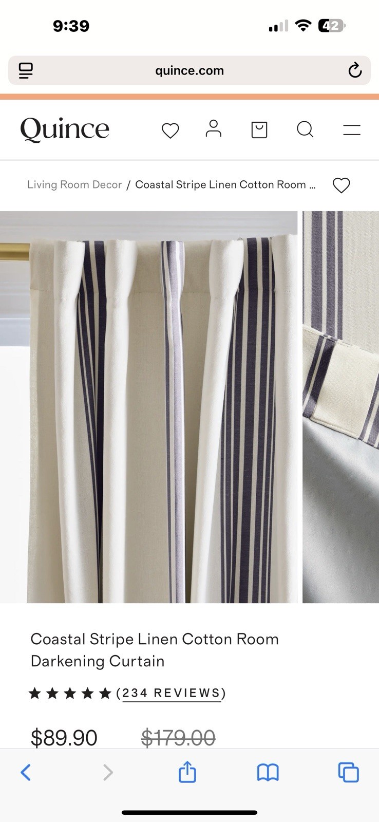 Quince Home Coastal Stripe Linen 48×96 light filter Curtain Ivory/Navy