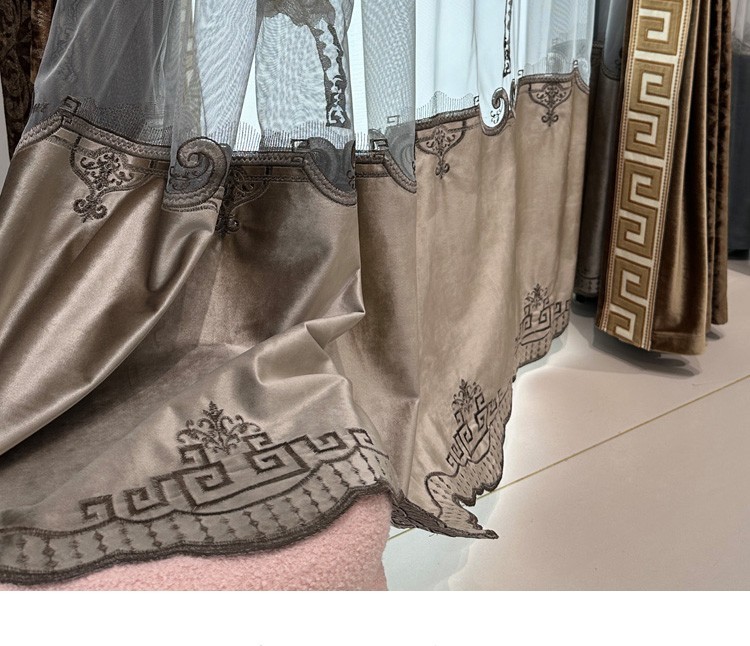 luxury European Embroidery valance shade coffee Velvet curtain tulle M1802