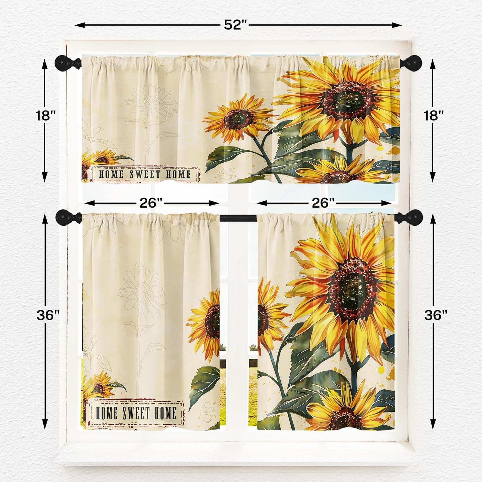 Farmhouse Sunflowers Kitchen Window Curtains Valance and Tier Set 36 Inch, Su…