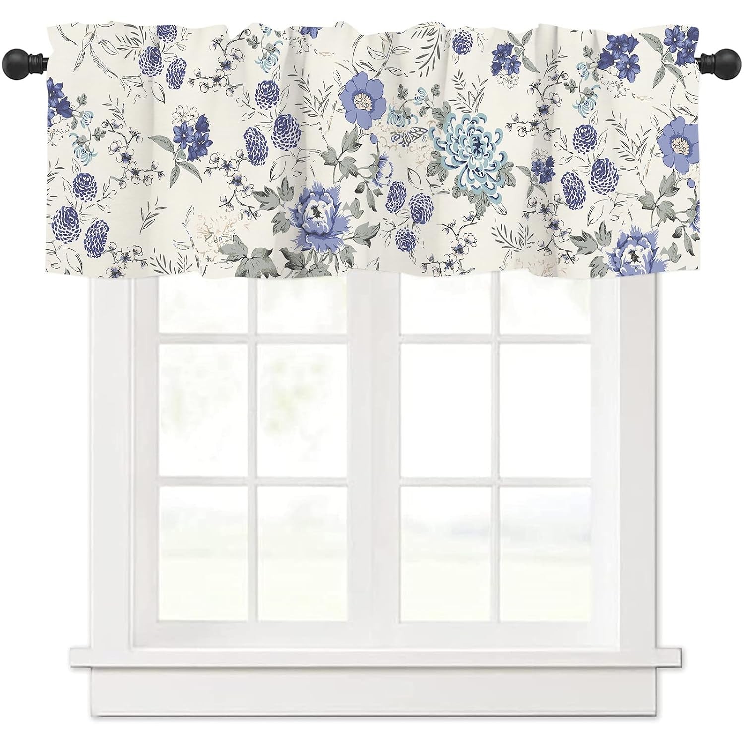 Spring Blue Floral Window Valance French Country Summer Kitchen Curtain