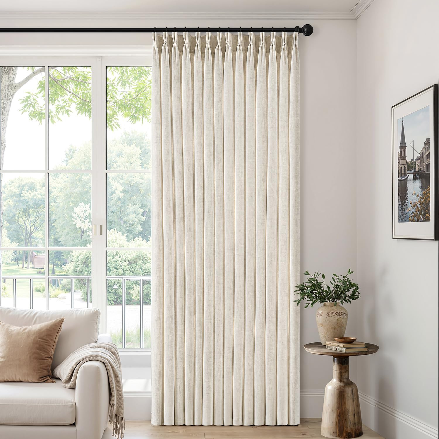 Pinch Pleated Thick Linen Curtains 90 Inches 4 Panels Set Ivory Cream Back Tab M