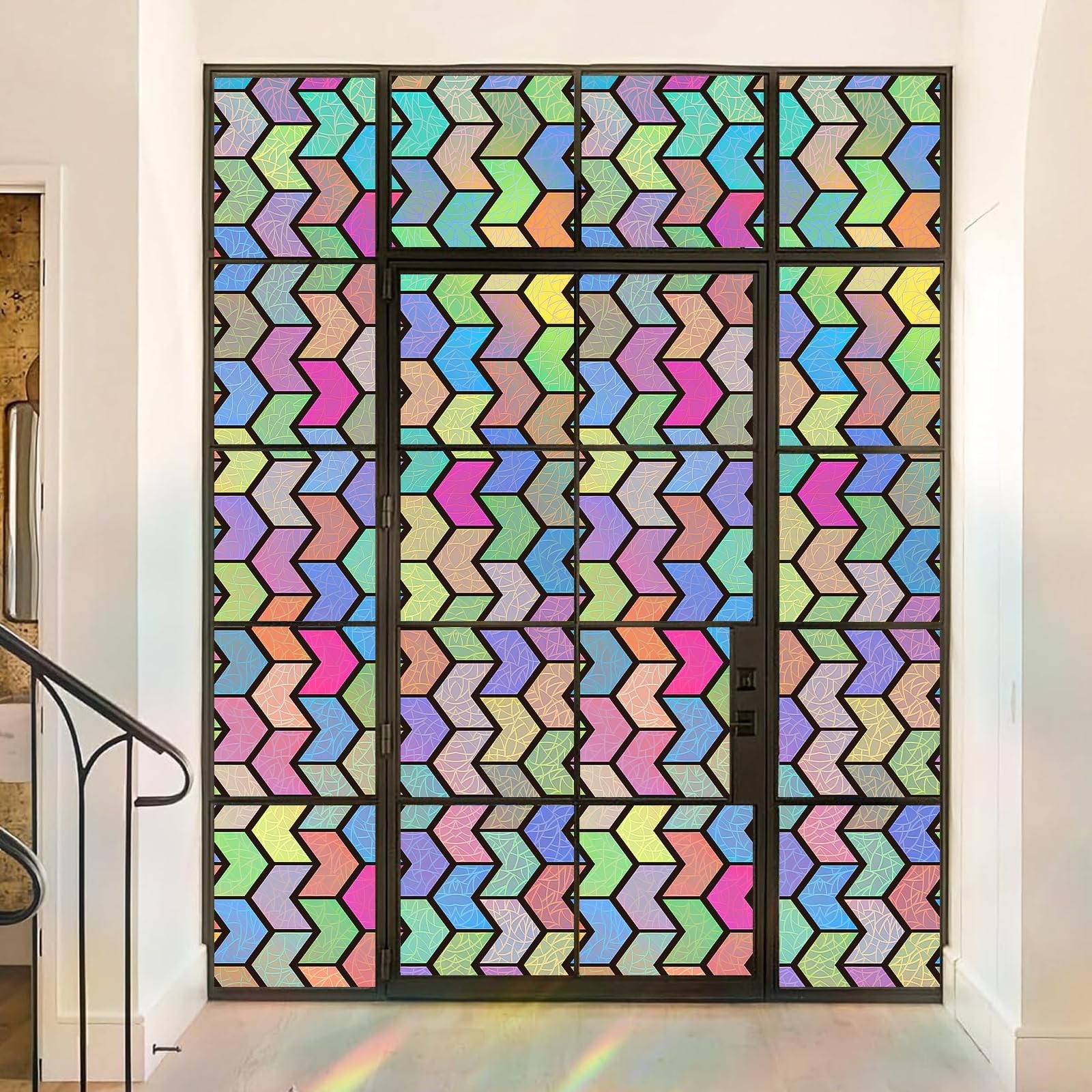 Rainbow Decorative Stained Glass Window 23.62″ x 78.7″, Colorful Geometry