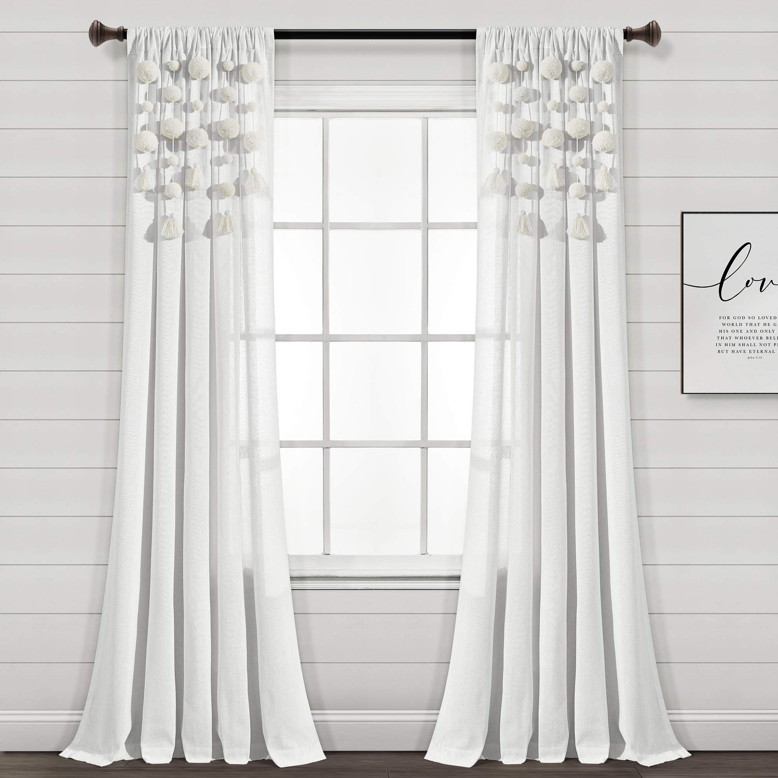 Elegant Off White Faux Linen Curtain 52×95 with Pom Poms for Home Decor