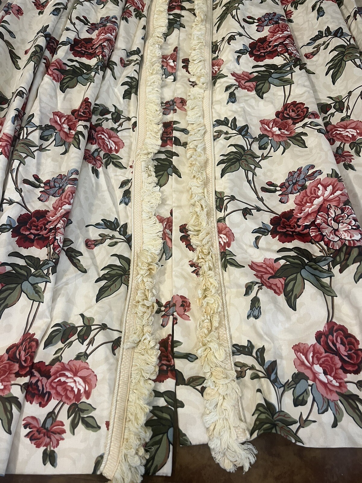 CUSTOM FLORAL WINDOW TREATMENT DESIGNER CHINTZ PANELS LINED TRIM CREAM 2