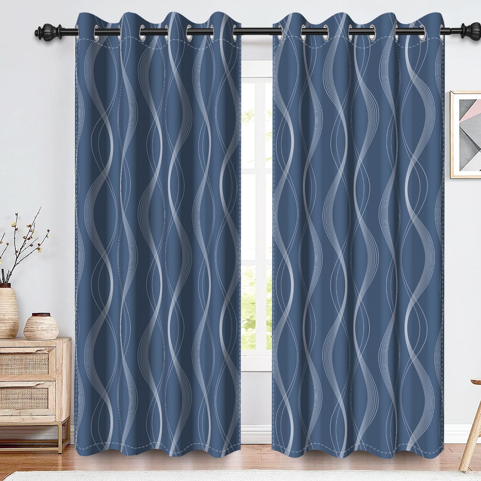 Navy Blue Wave Pattern Blackout Curtains for Bedroom Abstract Striped Line Pr…