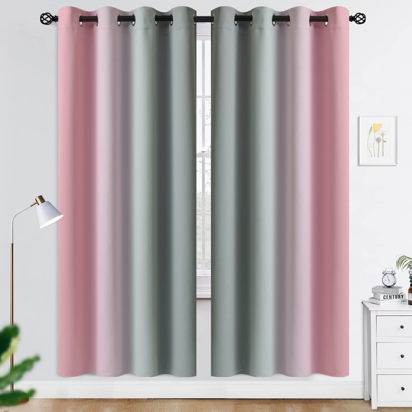 COSVIYA Ombre Room Darkening Curtains 72″ Pink/Grey Blackout Grommet Kids Girls