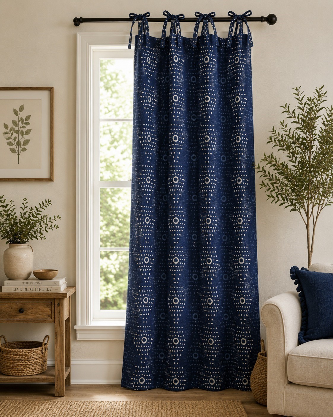 Indigo Blue Block Print Curtains, Tie Top Cotton Window Panels, Boho Farmhouse