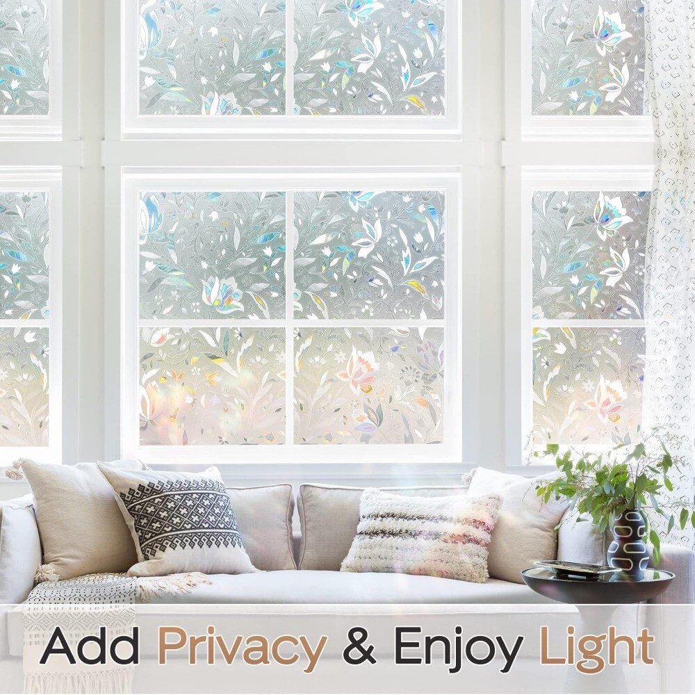 rabbitgoo Window Film Privacy Stained Glass 3D Frosted Decoration Floral Film