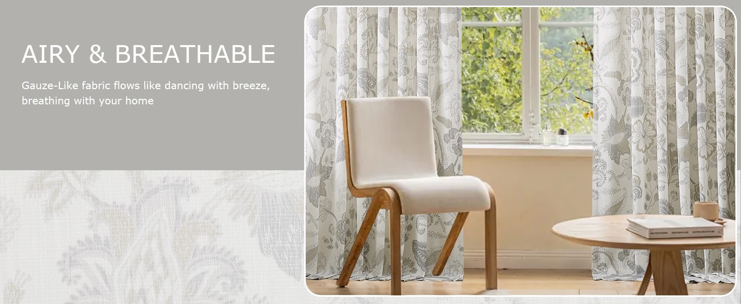 Floral Leaf Print Light Filtering Curtains Grey Linen Botanical Leaf Flower