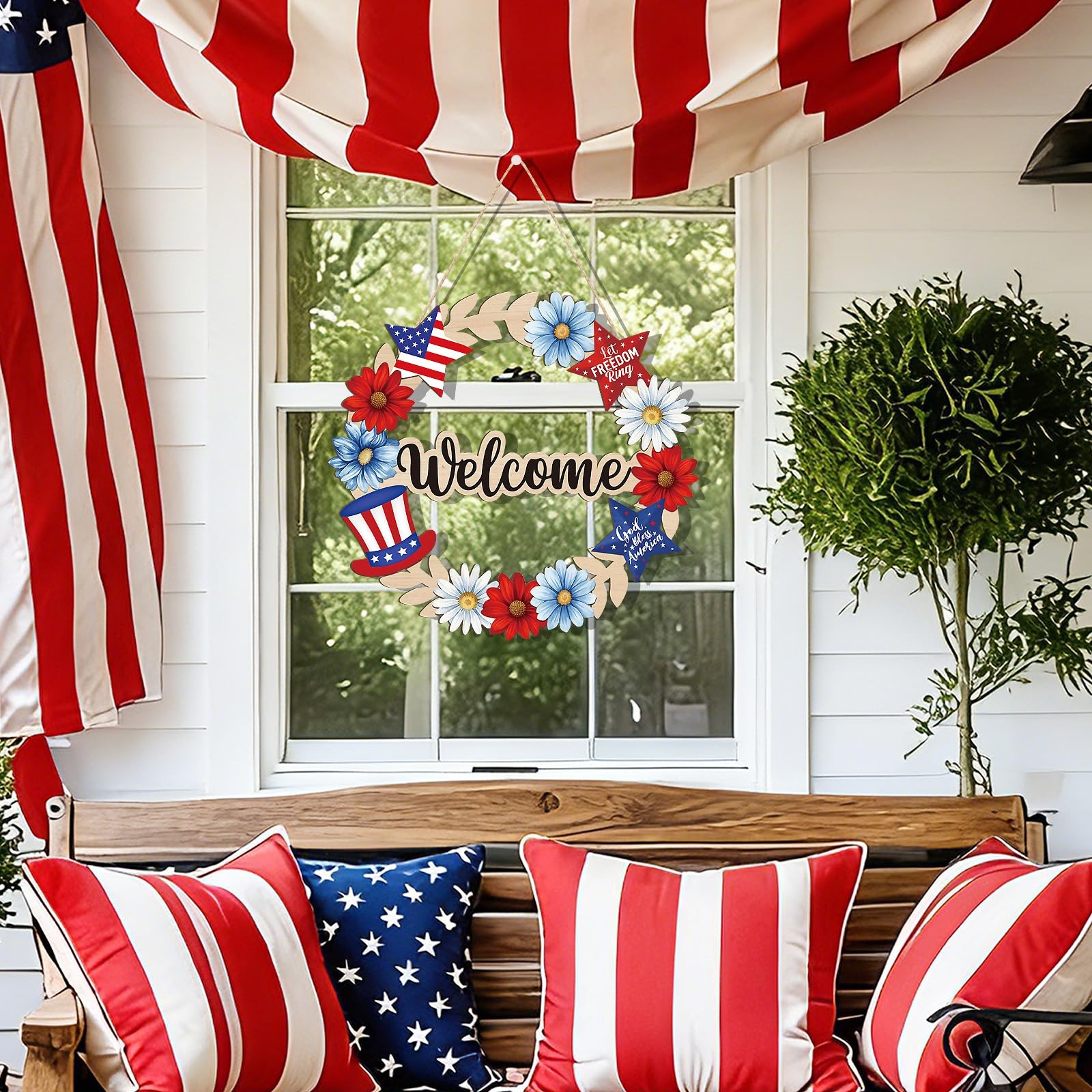 Wooden 4th of July Decoration Door Wreath for Front Door Sign Star Wall Signs,In