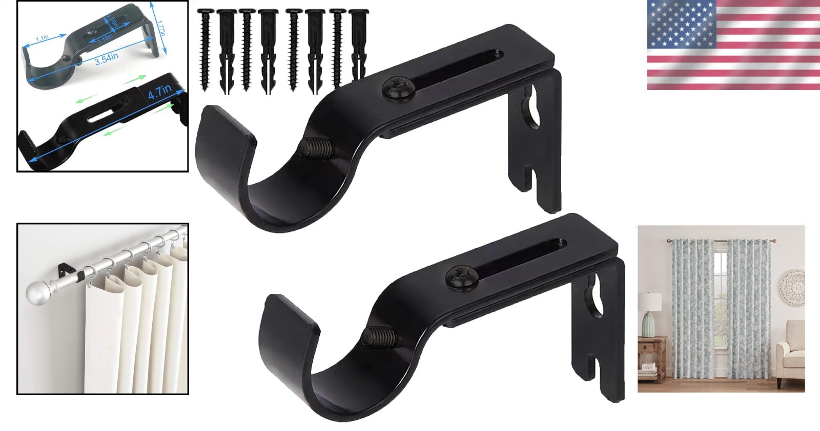Curtain Rod Brackets 2 Pack 1 Inch Adjustable Heavy Duty Wall Mount Holders B…