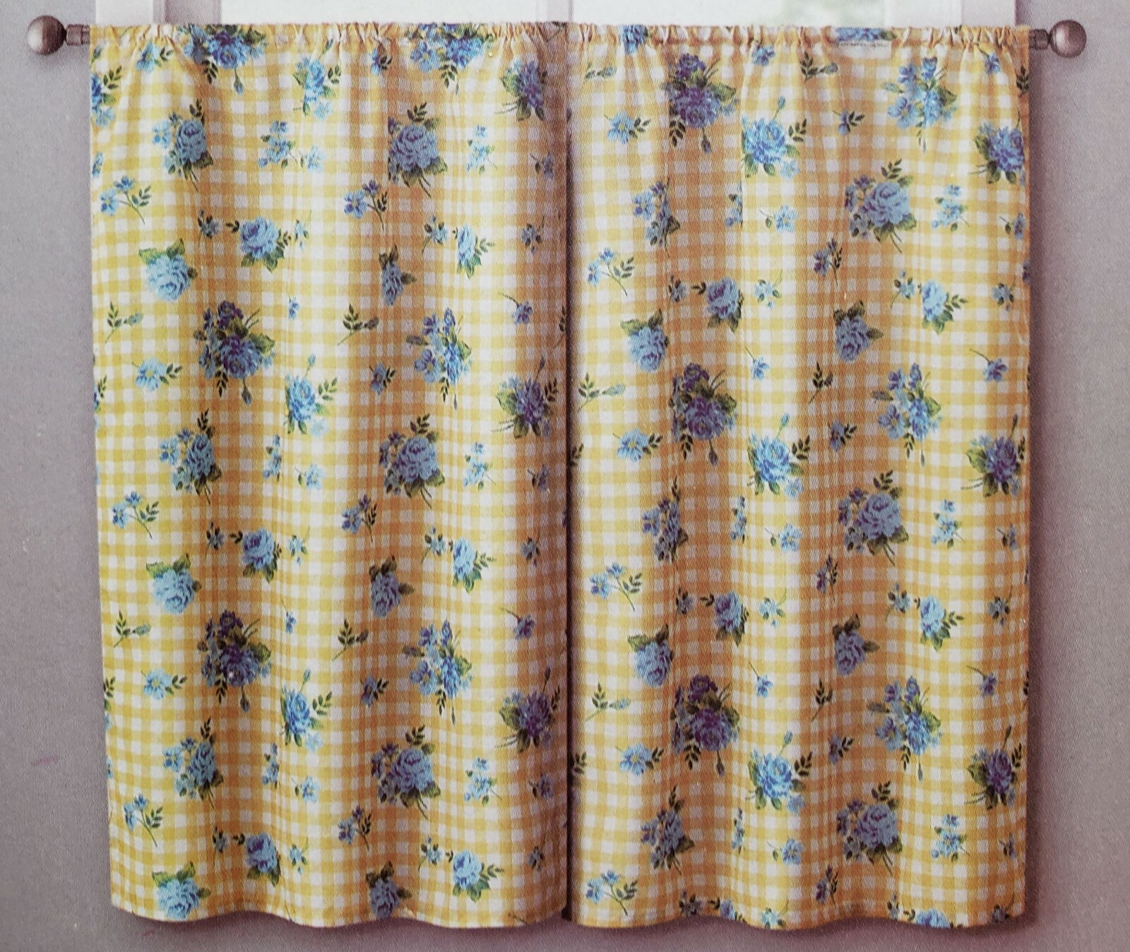 3pc. Curtains Set: Valance(56″x14″) & 2 Tiers (28″x36″) BLUE FLOWERS, CINDY, VC