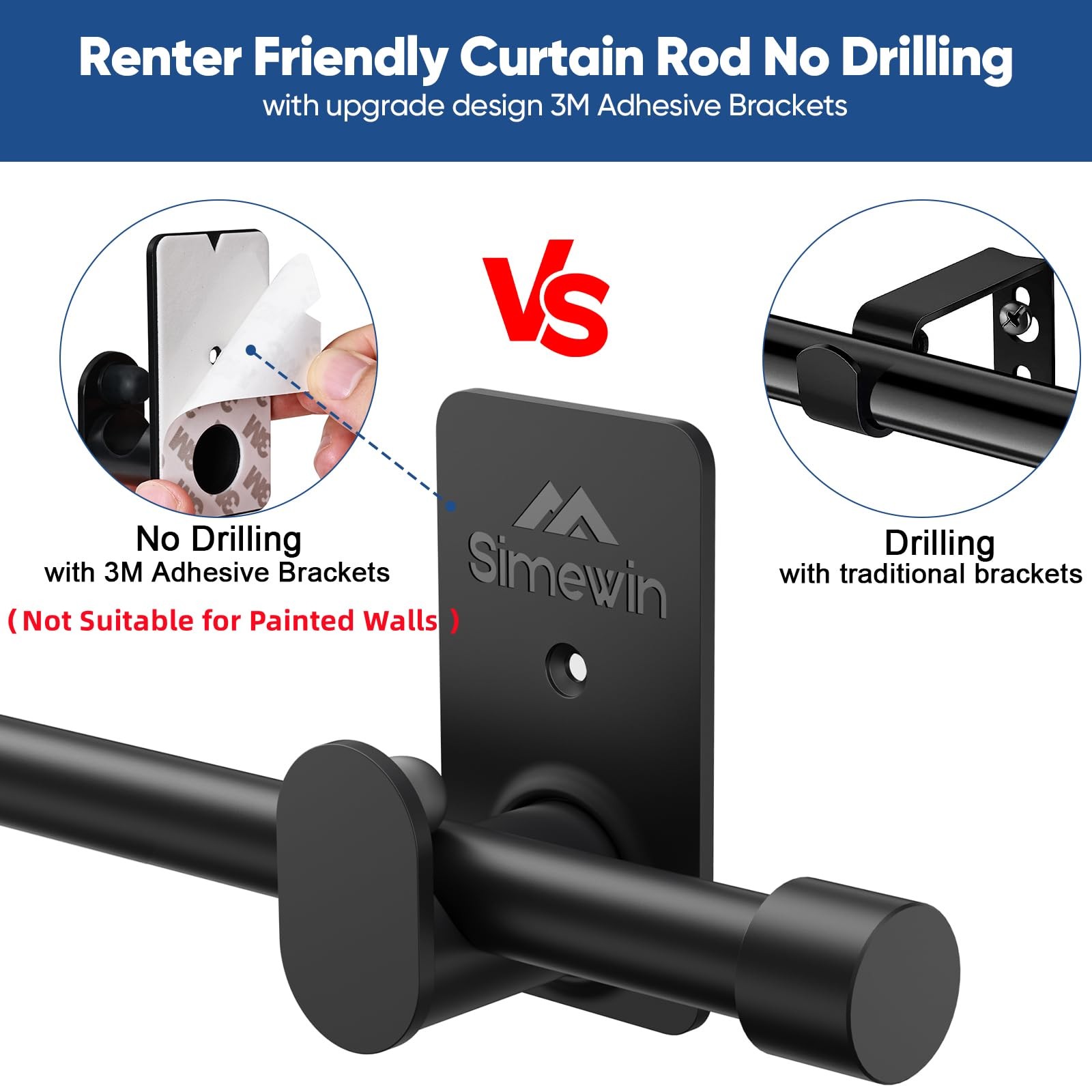 SIMEWIN Curtain Rods No Drilling for Windows 30 to 45 30″-45″, Black