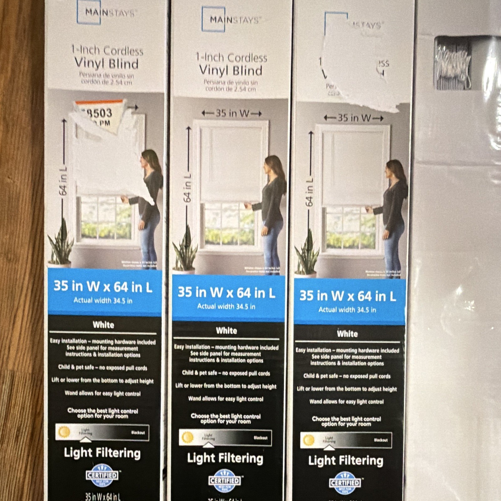 4 count Mainstays Cordless 1in Vinyl Mini Blinds White 35×64 Light Filter