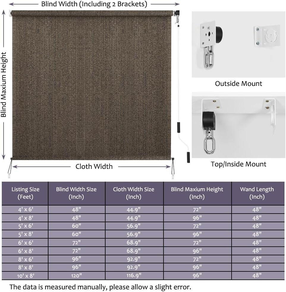 Patio Shades Roll Up Outdoor Blind, 10′ W x 8′ H Cordless Sun Shade Screen with