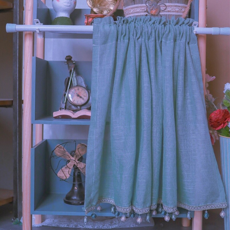 Blue Half Coffee Curtains Beads Tassel Window Curtain for Kitchen Cabinet