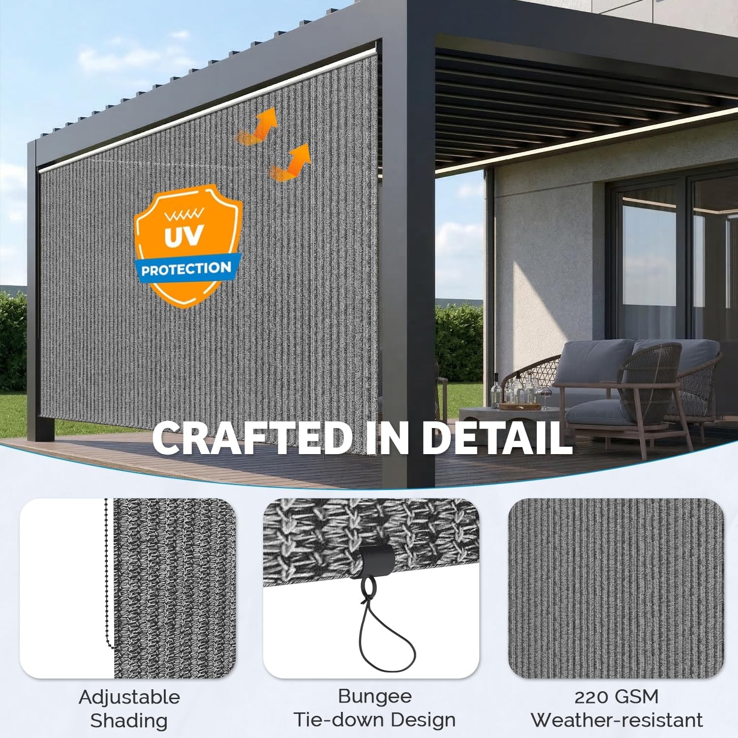 Outdoor Roller Shade, 10′(W) x 8′(H) Sun Shade Cover Canopy 220GSM HDPE with 99%