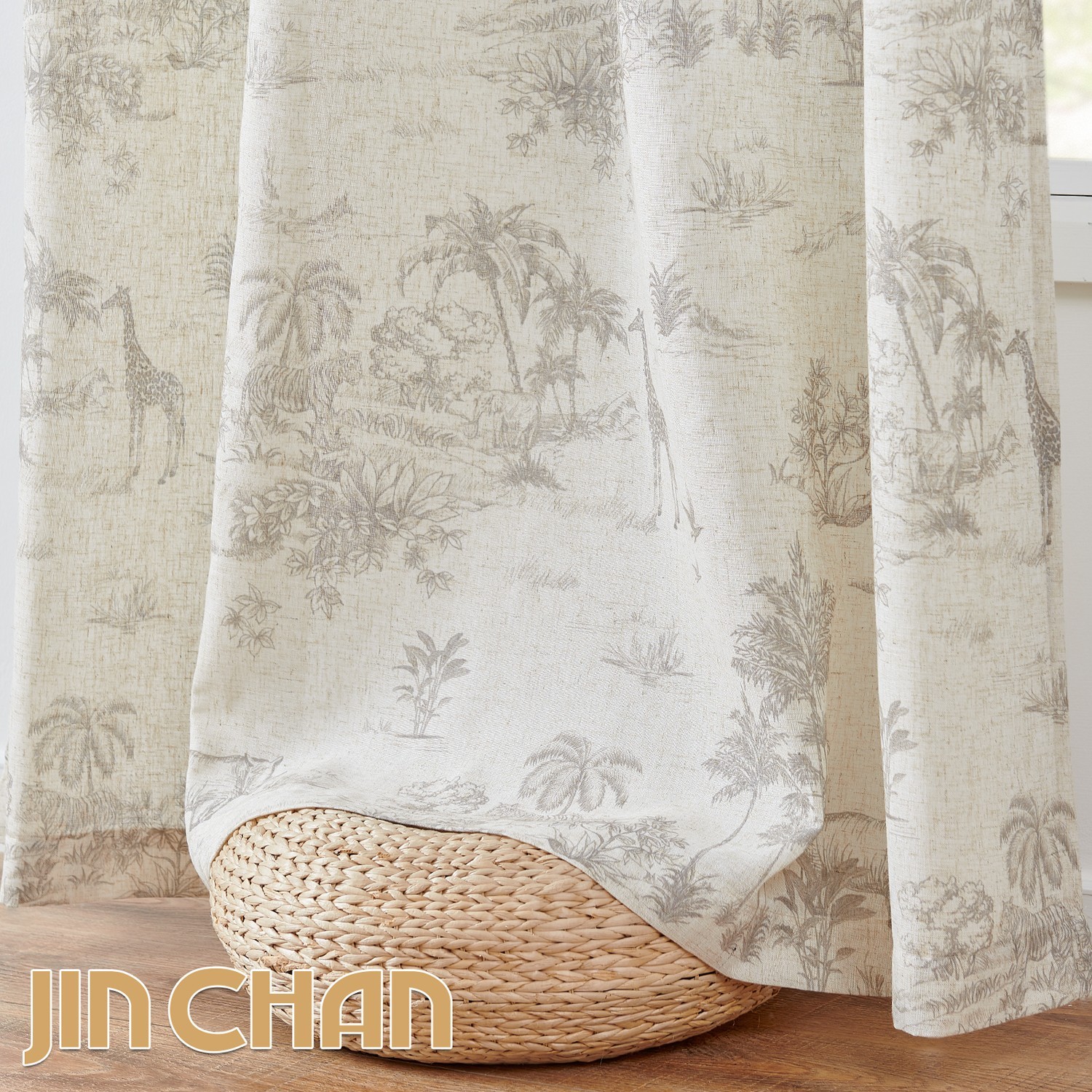 84 ” Long French Country Curtains Toile Printed Linen Sheer Drapes Grommet Grey