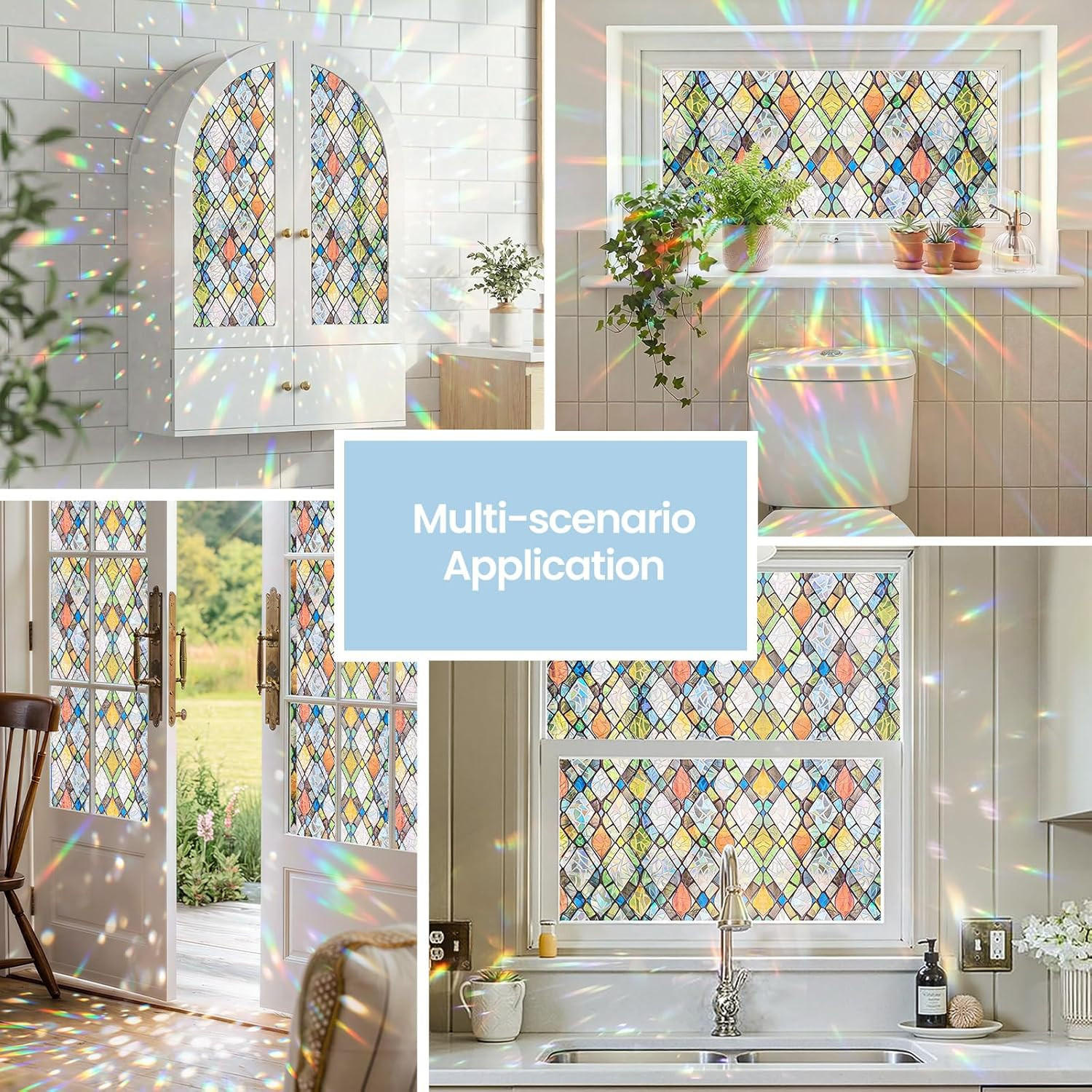 Window Privacy Film, Stained Glass Decorative Static Cling, Removable Laser Sun