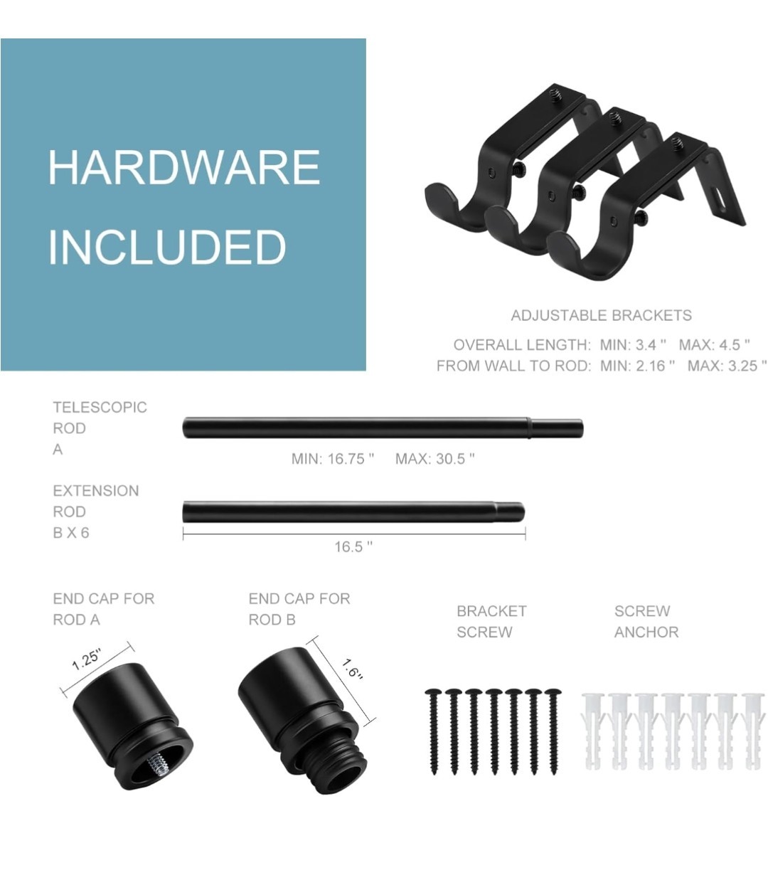 BYONDETH BLACK CURTAIN ROD 16″ – 120″. NEW IN PACKAGE. MODEL #WCR120B
