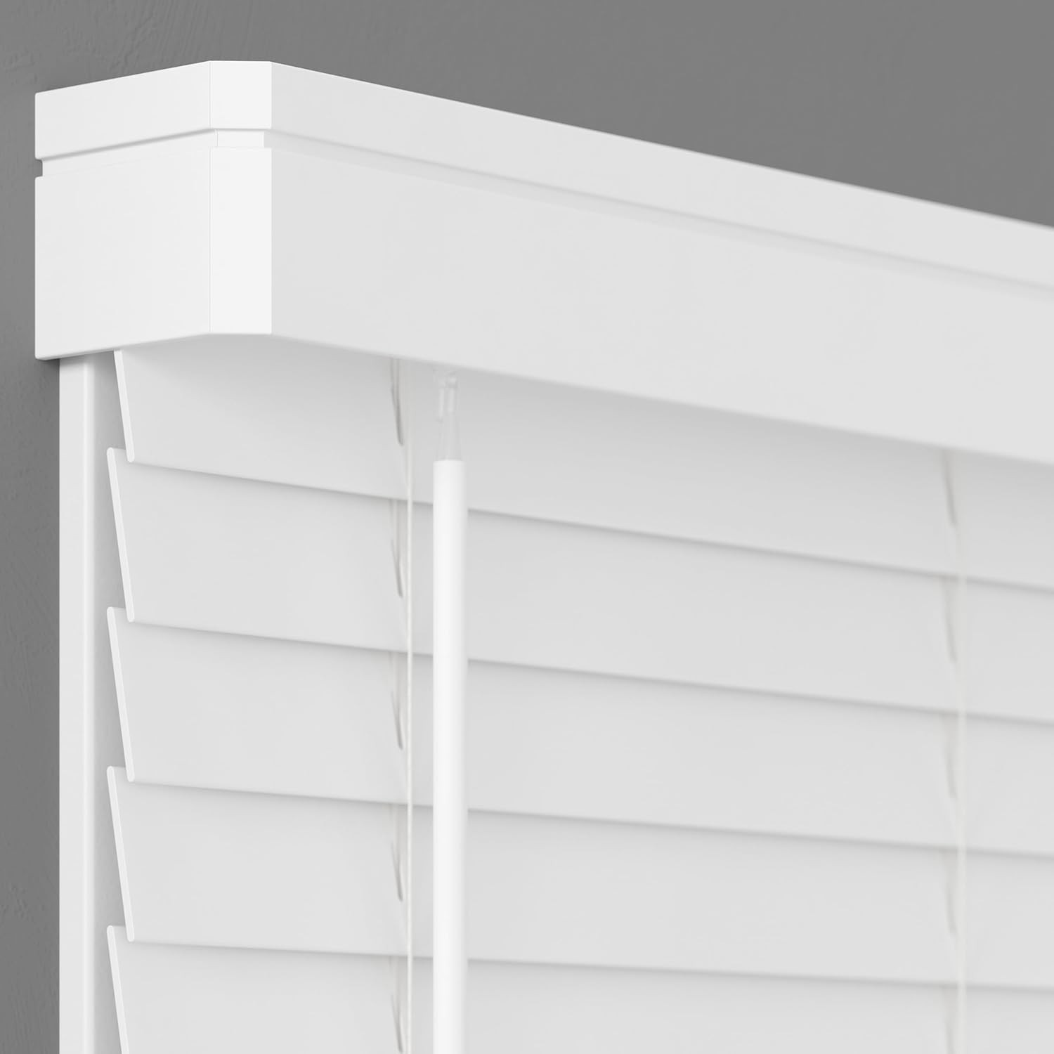 2 Inch Cordless Faux Wood Blind with Contemporary Valance – 34″ W X 64″ L – Whit