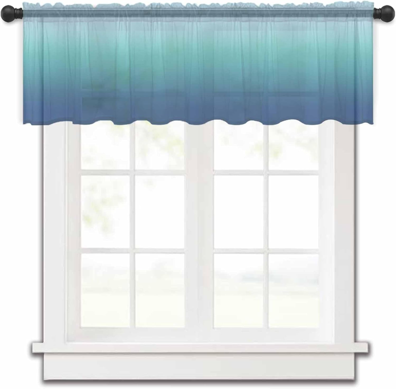 Teal Blue Ombre Sheer Valance, Modern Abstract Art 60″X18″ Light Filtering Kitch