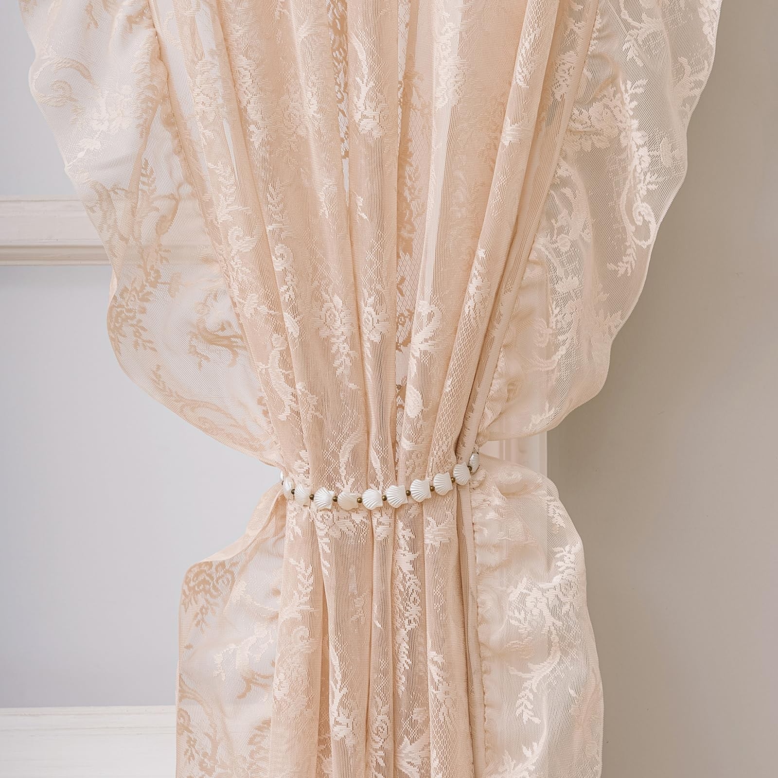 French Ruffle Lace Curtain, Cream Beige Floral Crochet Sheer Panel, 55×84 Inc…