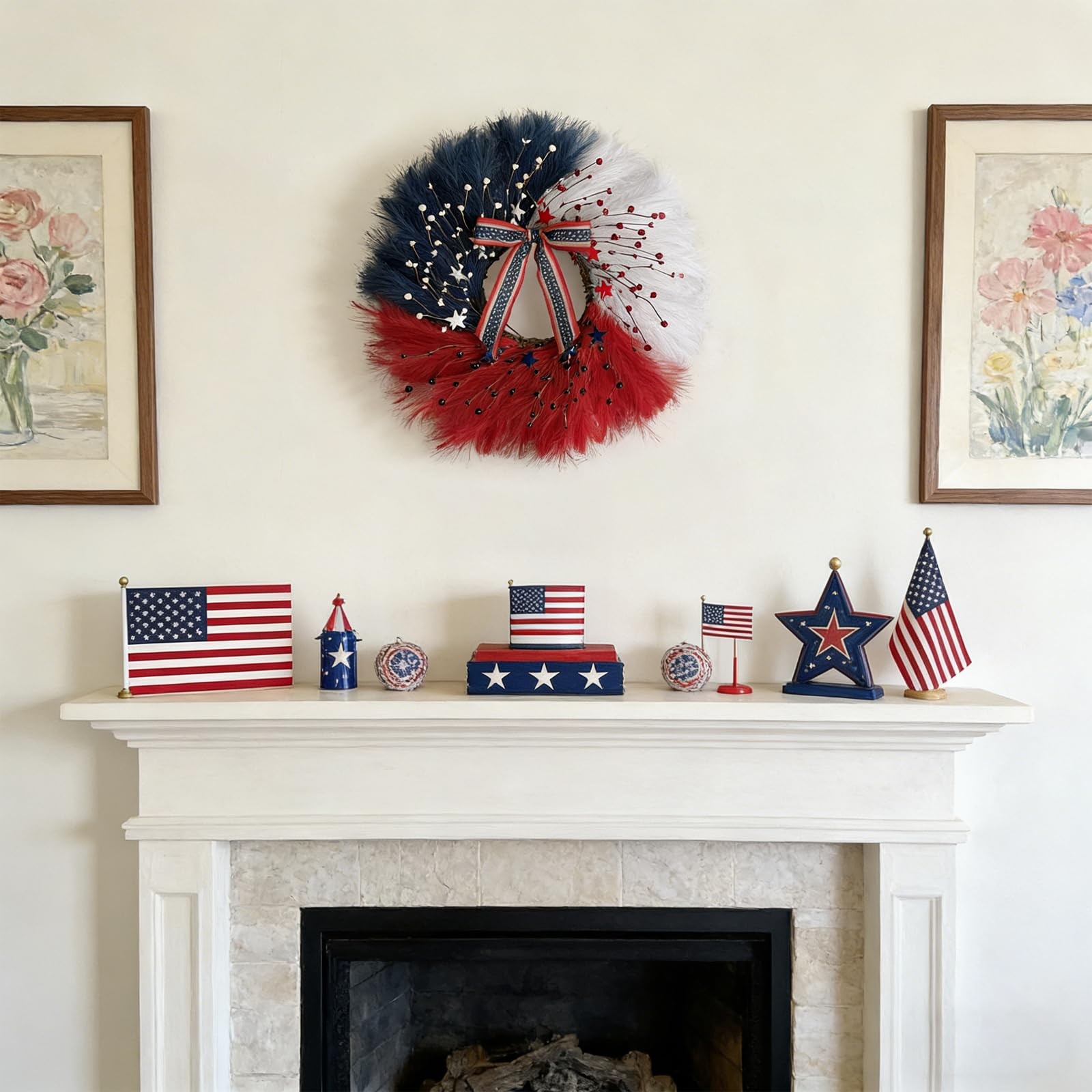 30 Inch Patriotic Wreath for Front Door, Artificial Pampas Grass Reeds Wreath