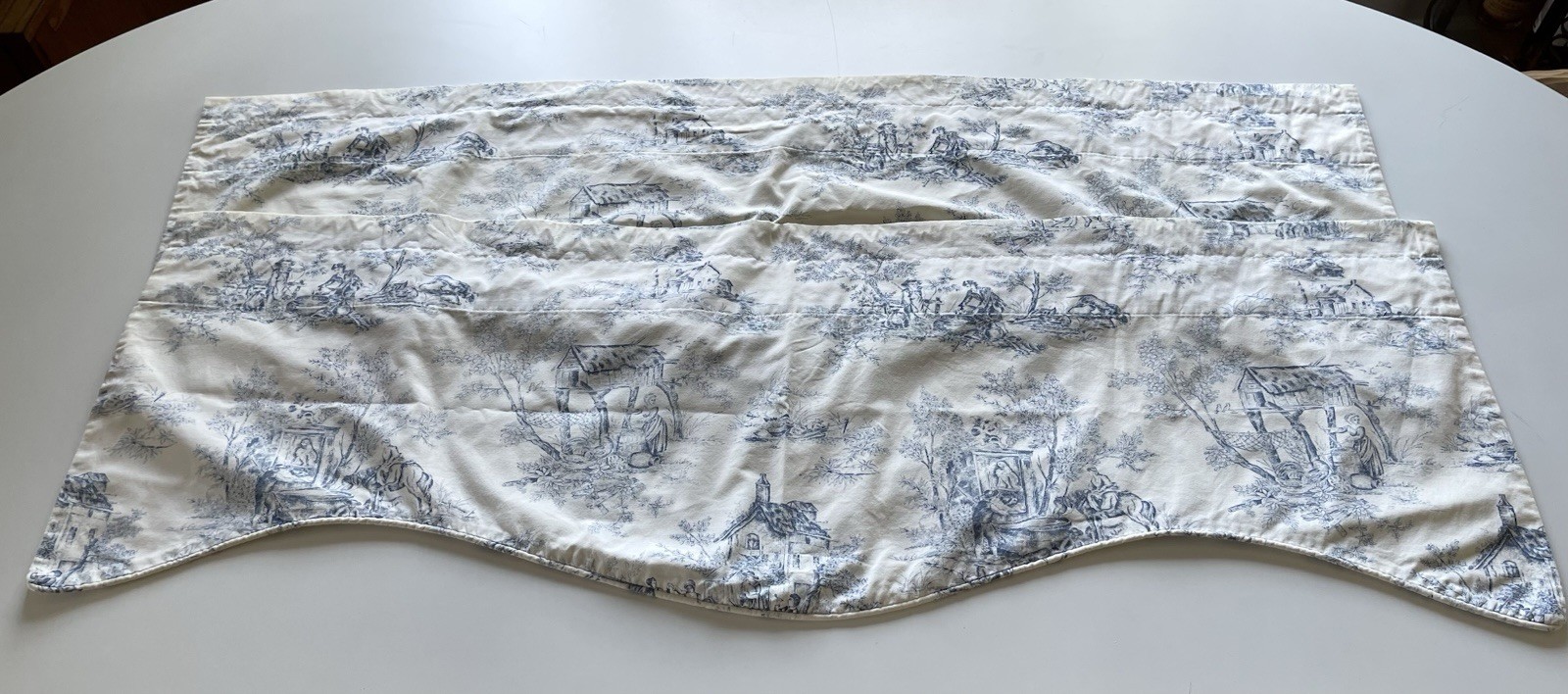 Set Of 2 Country Curtains Blue on Cream Toile Scalloped Valances 51″ X 17″