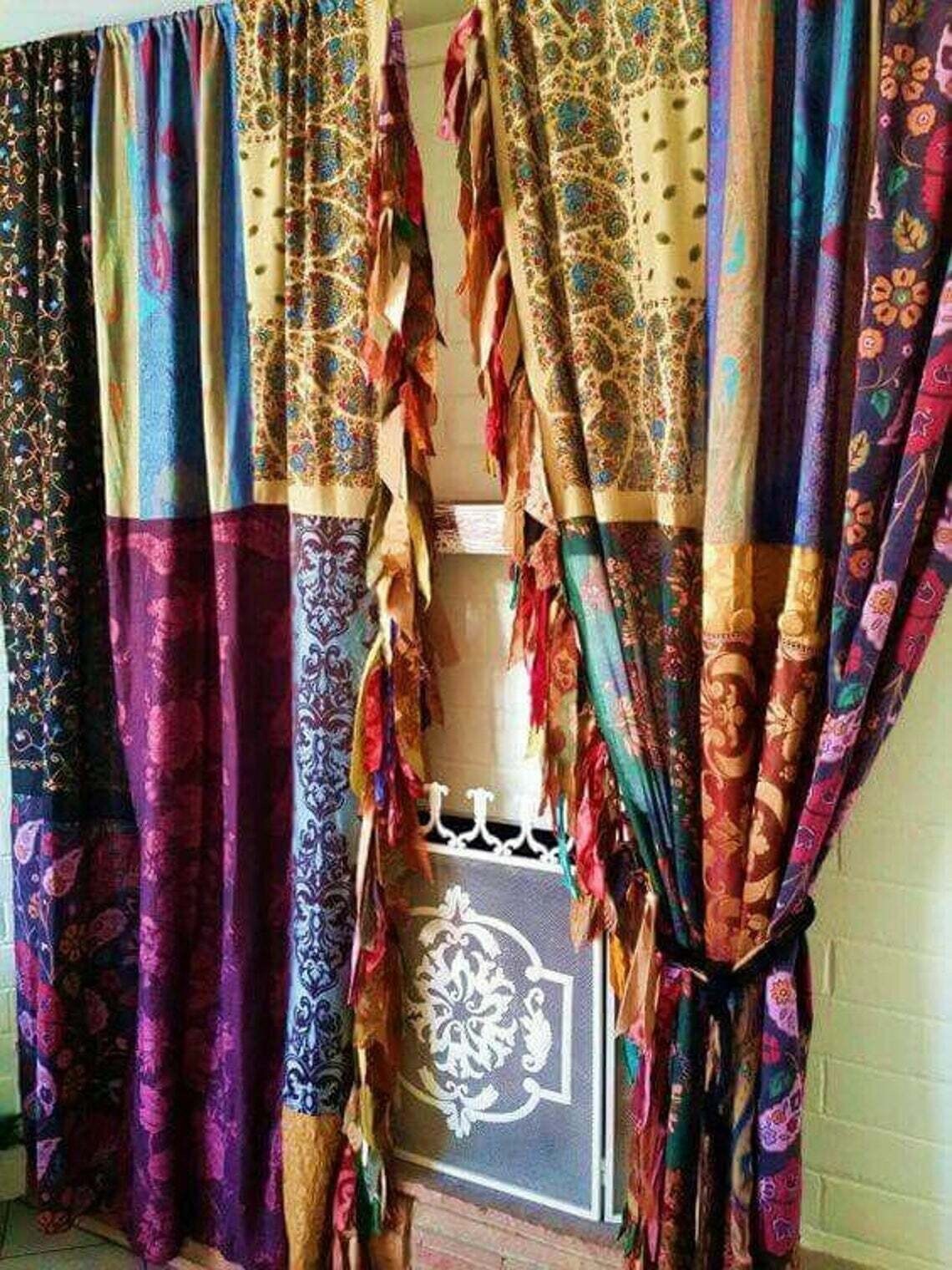 2 Pcs Indian Old Recycle Silk Saree Boho Multi Curtain Door Drape Decor Curtain
