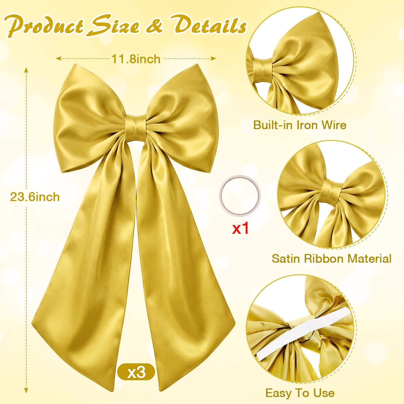 3 PCS 2 FT Large Gold Bow Decorations Big Satin Hanging Wall Party Decor