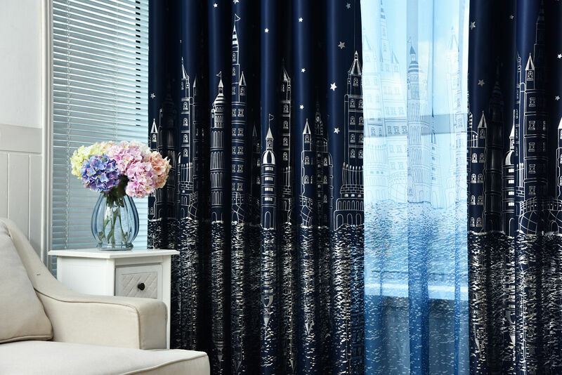 Water Castle Silver Plating Blockout Dark Blue Cloth Curtains Sheer 1 Panel 96″