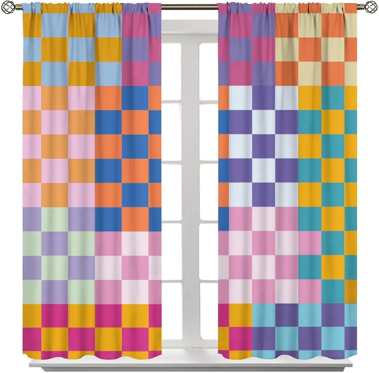 Colorful Curtains, Abstract Modern Rainbow Retro Groovy Curtain 1970S Checkered