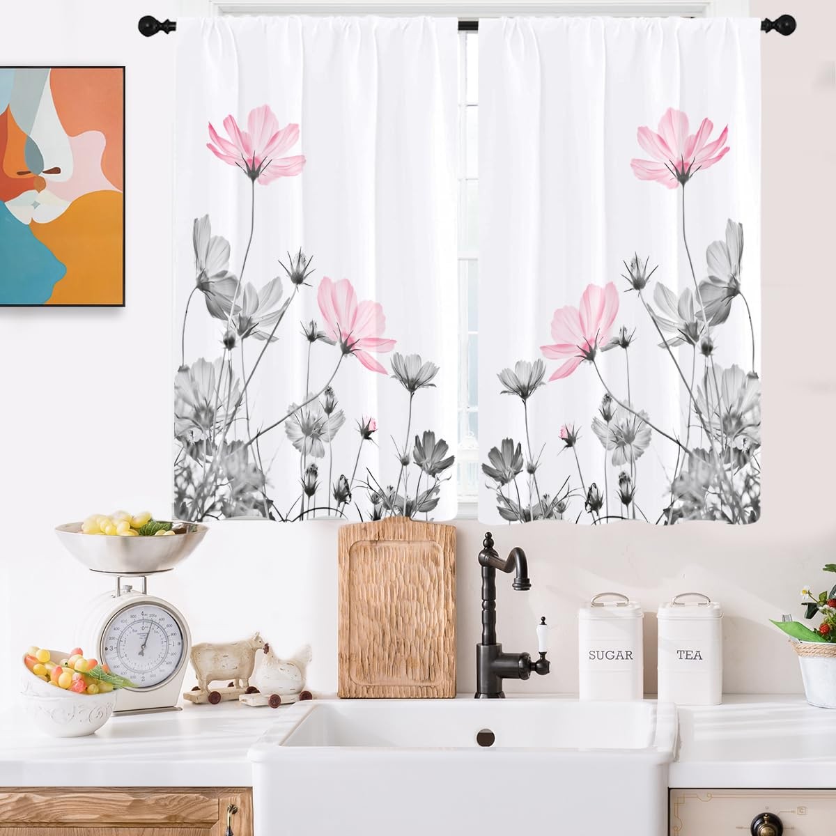 Kikiry Pink Floral Kitchen Curtains Mini 27.5”W x 39”L Grey Farmhouse Gray …