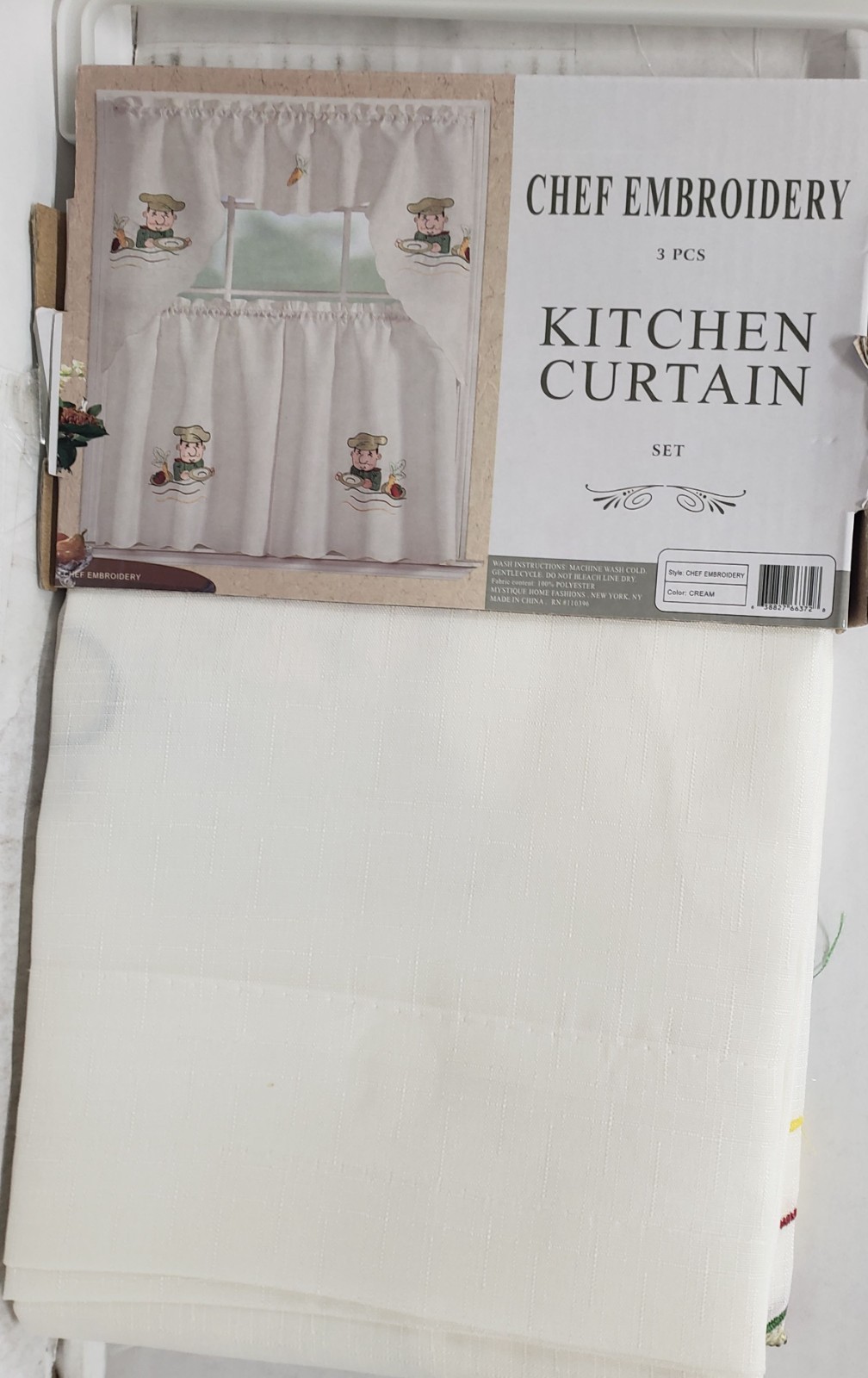 3 pc. Embroidery Curtains Set: 2 Tiers & Swag, FAT CHEF W/ SOUP PLATE, Mys