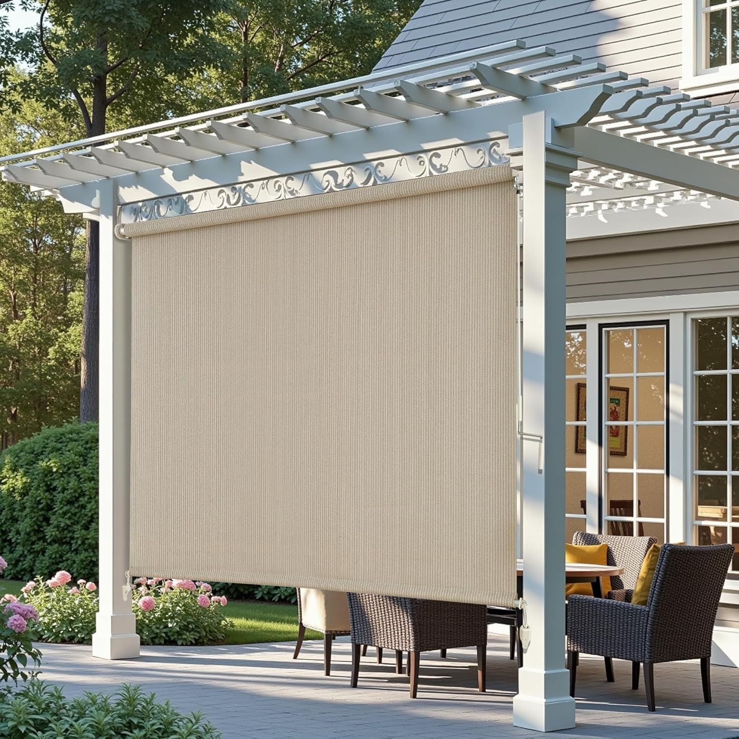 Outdoor Roller Shades Cordless Patio Blinds Roll Up for Porch Balcony Backyard