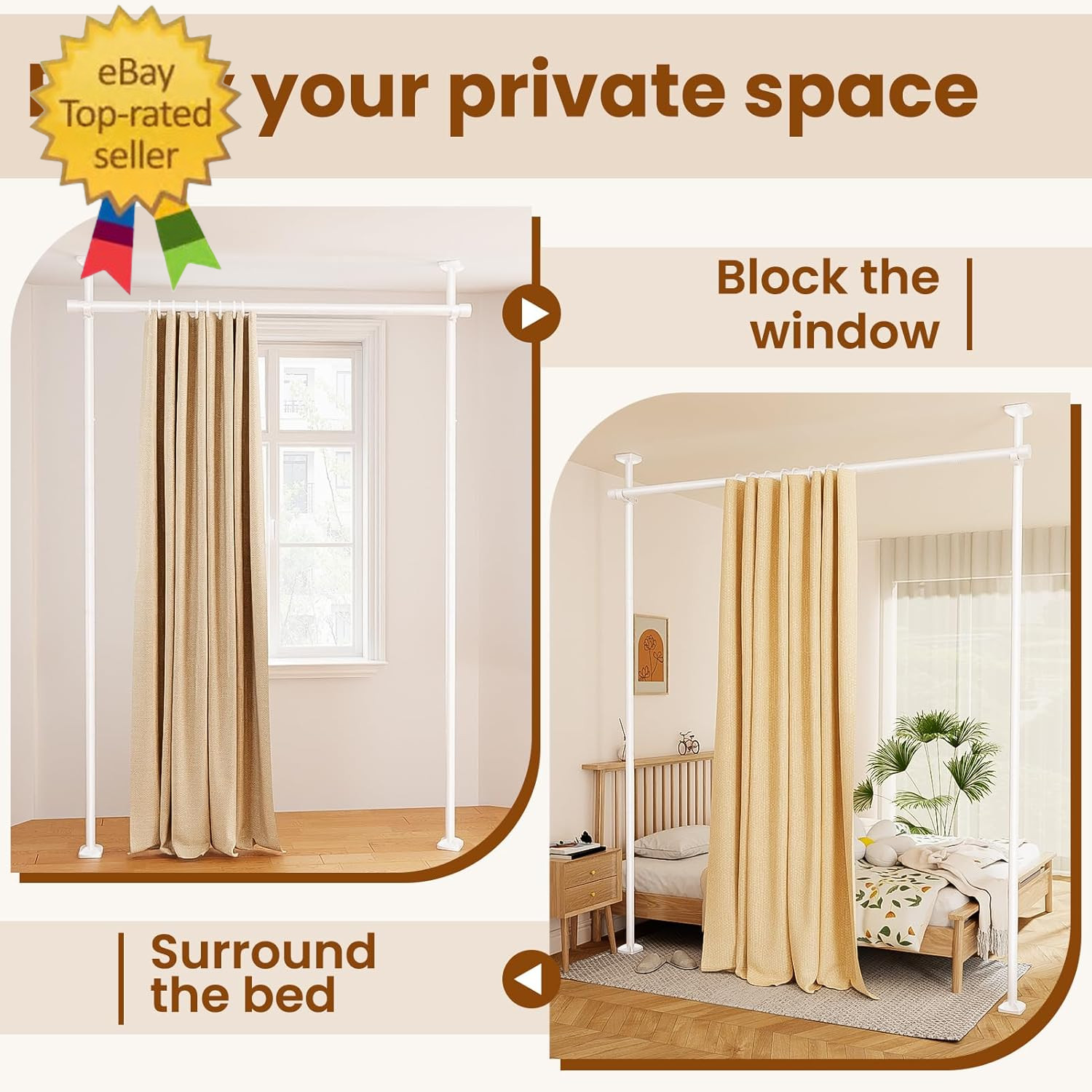 Room Divider Curtain Rod, No Drilling Room Separator for Space Partition, 4-10Ft