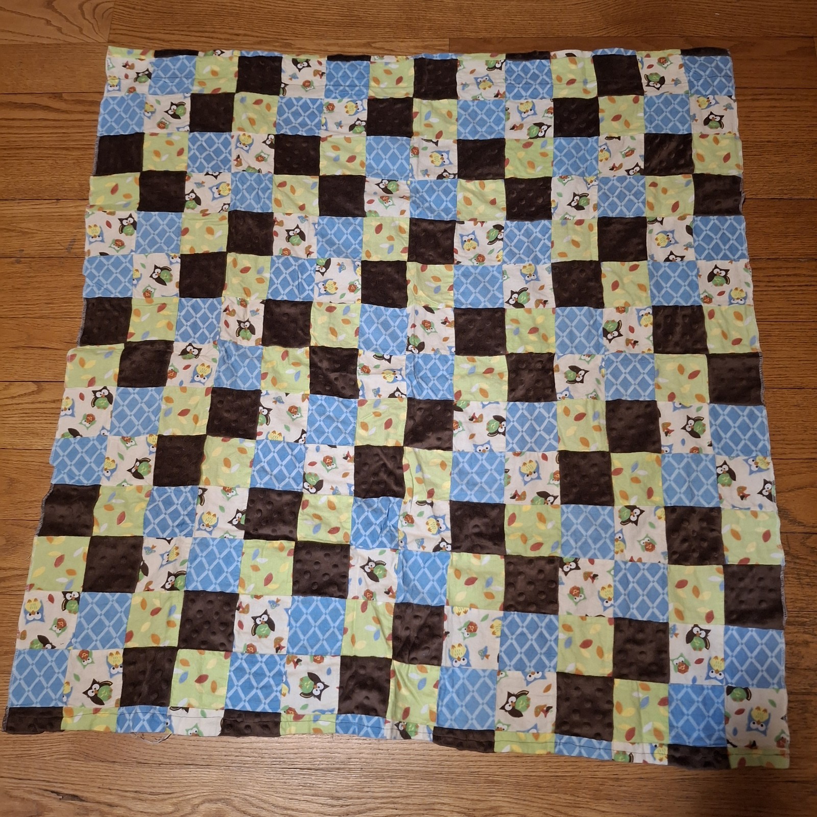 Homemade Curtain Panels 40W X 42L Patchwork Owls Blue Brown Set Of 4 Panels