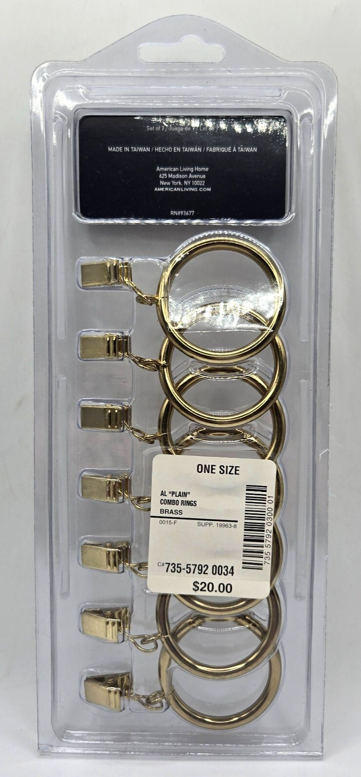 American Living Combo Rings with Clips – Brass Metal 7 Pk Curtains Home NEW