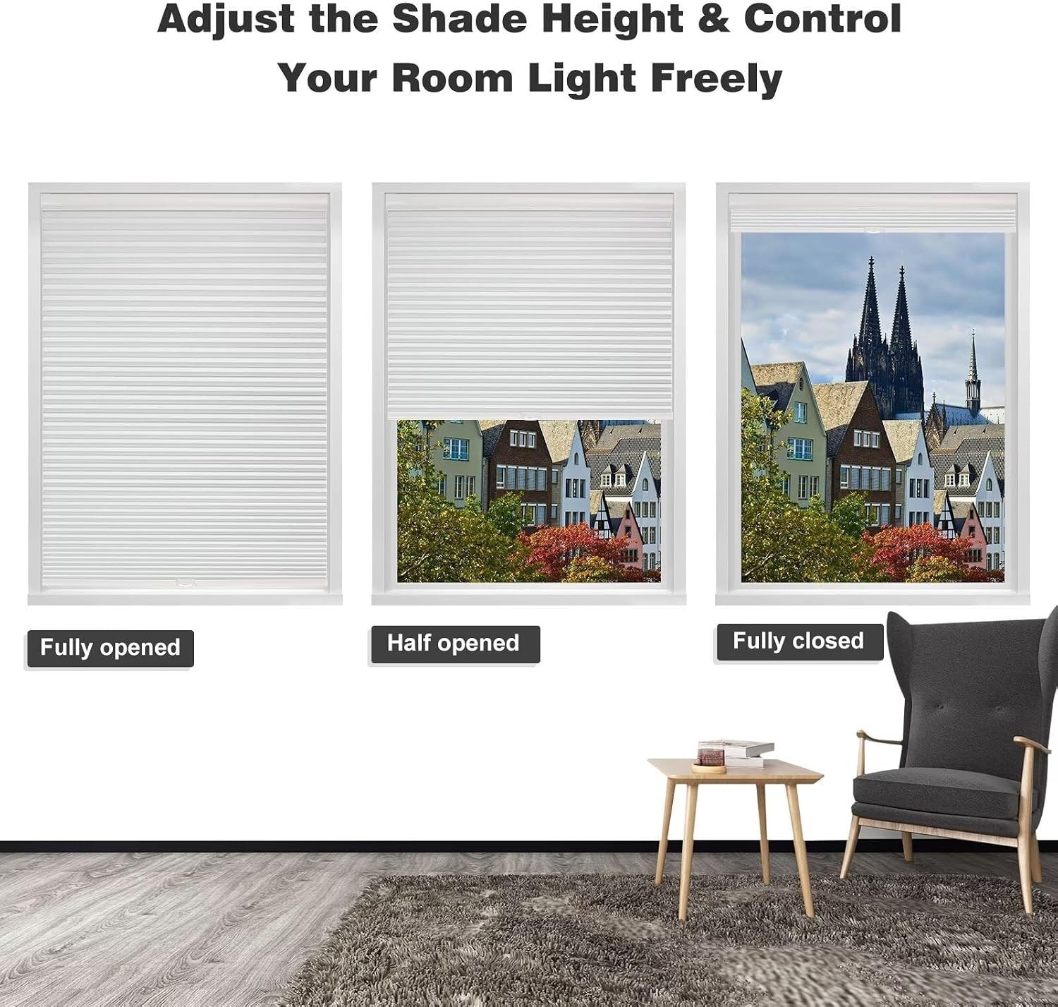 MYshade Cordless Blackout Cellular Shades Room Darkening Shade, 39″ W x 64″ H, W